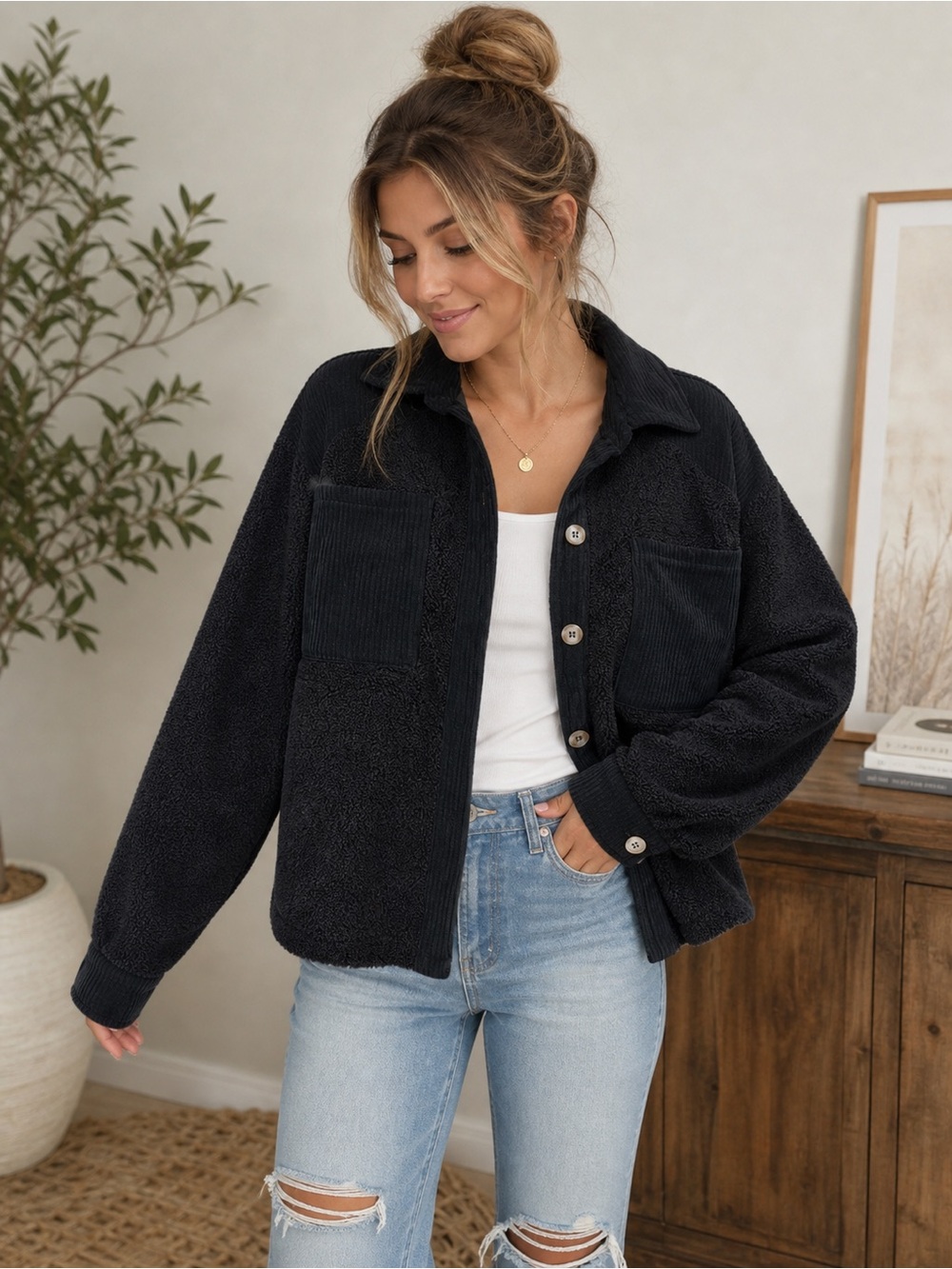 Francesca’s Cozy Teddy Fleece Black Button Jacket Pockets Collared Long Sleeve M
